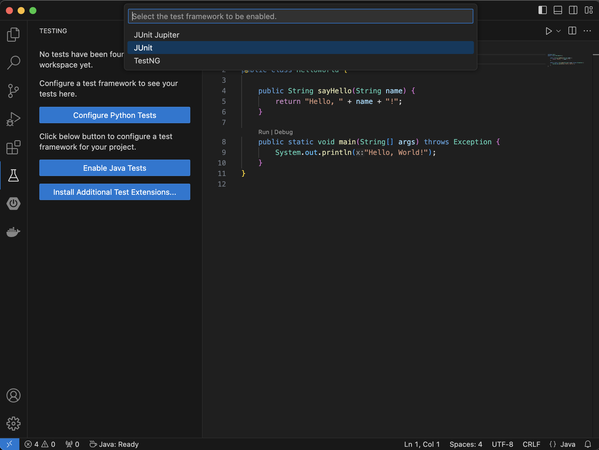 Setup tests with JUnit 4